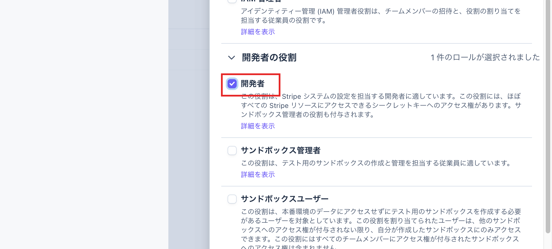 役割選択で開発者にチェックを入れた画面